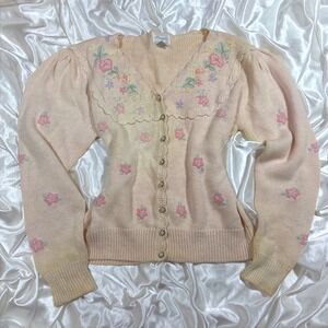 vintage Cardigan Pink Fair Floral Embroidered Scallop Collar Margules